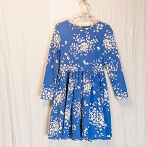 Mini Boden LS Twirly Dress Blue with White Flowers & Butterflies Stretch Sz 6-7